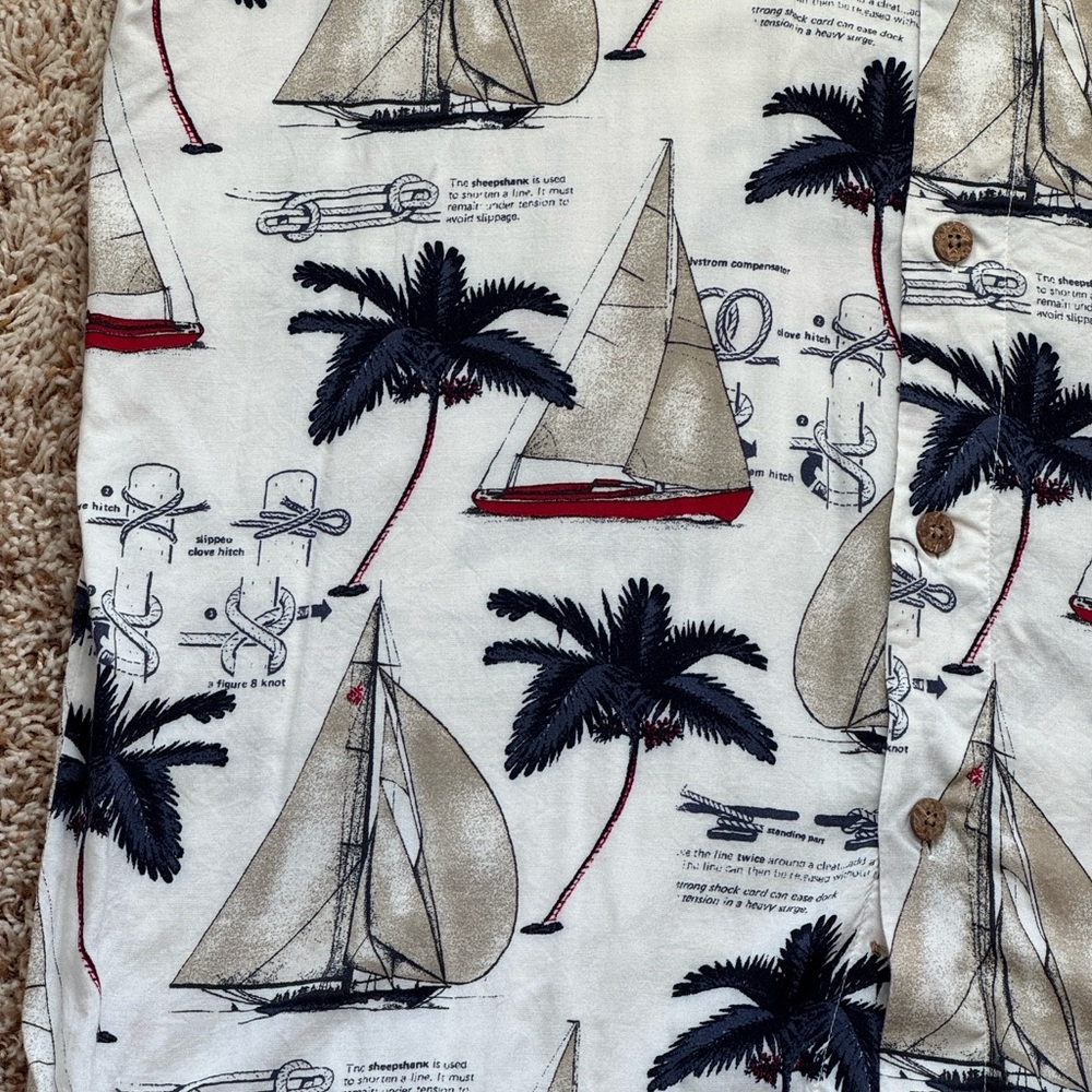 Vintage 90s Puritan Shirt Sail Boats Palm Tree Button Front Pocket L. - Picture 5 of 7